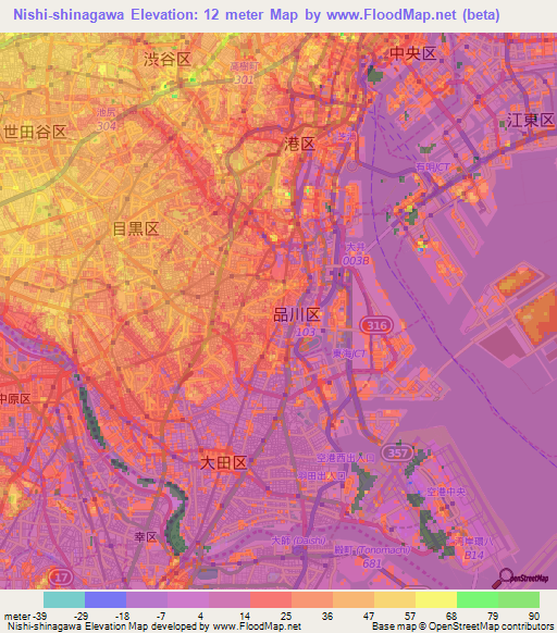 Nishi-shinagawa,Japan Elevation Map