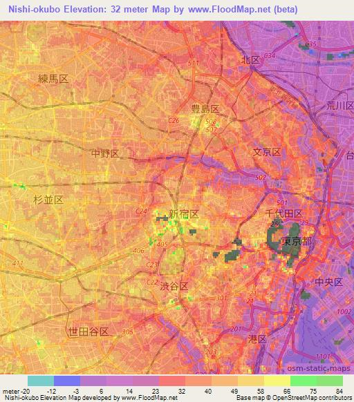 Nishi-okubo,Japan Elevation Map
