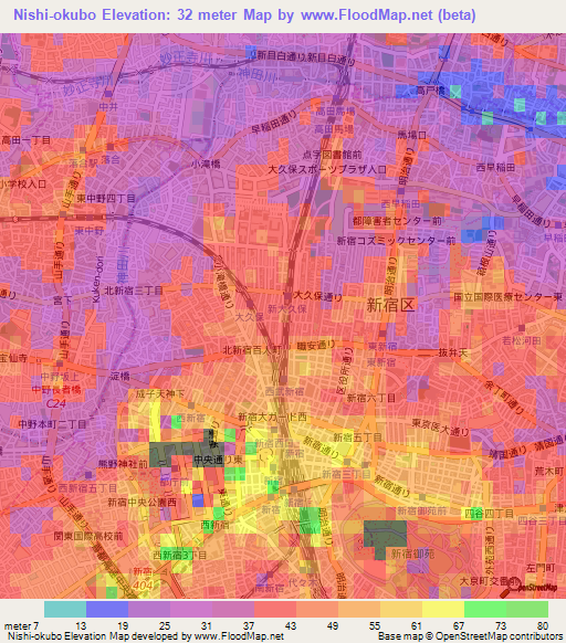 Nishi-okubo,Japan Elevation Map