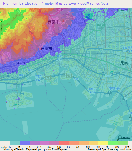 Nishinomiya,Japan Elevation Map