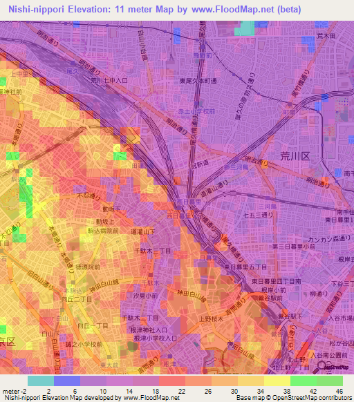 Nishi-nippori,Japan Elevation Map