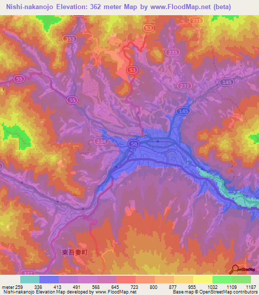 Nishi-nakanojo,Japan Elevation Map