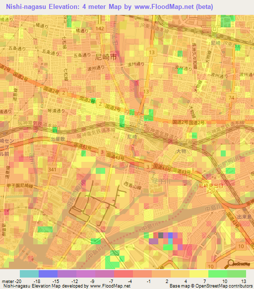 Nishi-nagasu,Japan Elevation Map