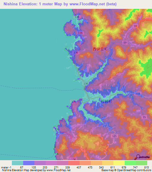 Nishina,Japan Elevation Map