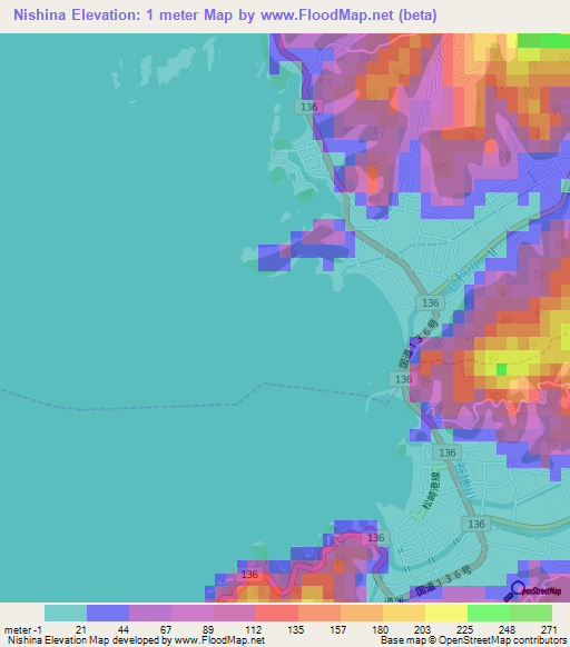 Nishina,Japan Elevation Map