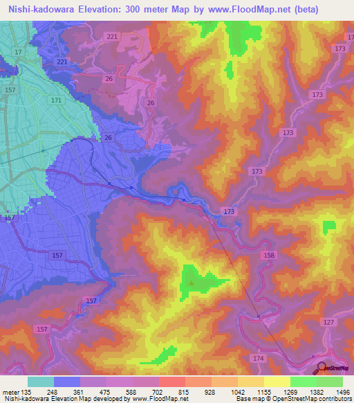 Nishi-kadowara,Japan Elevation Map