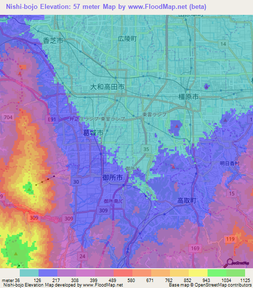 Nishi-bojo,Japan Elevation Map