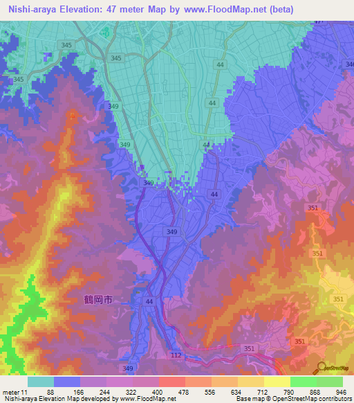 Nishi-araya,Japan Elevation Map