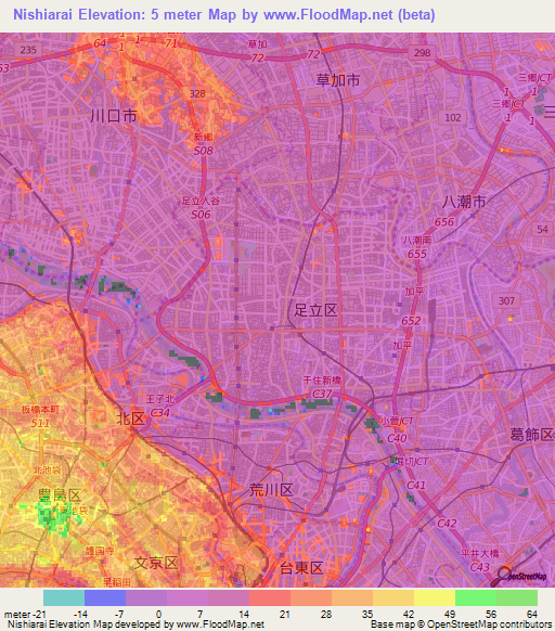 Nishiarai,Japan Elevation Map