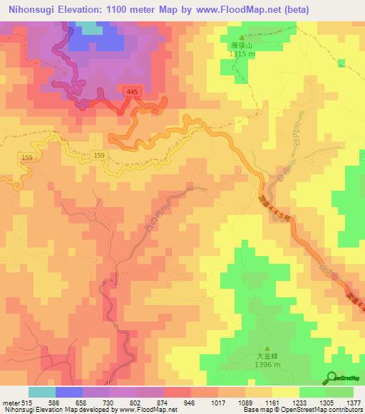 Nihonsugi,Japan Elevation Map