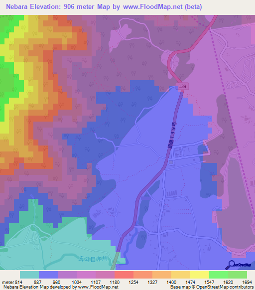 Nebara,Japan Elevation Map