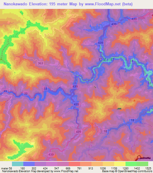 Nanokawado,Japan Elevation Map