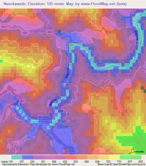 Nanokawado,Japan Elevation Map