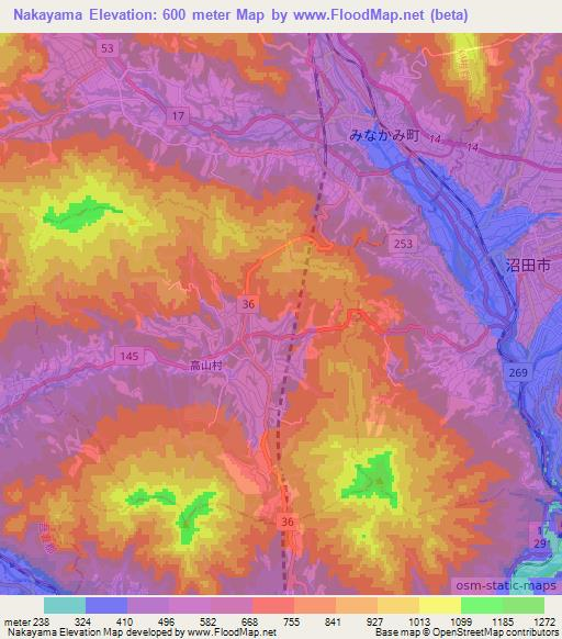 Nakayama,Japan Elevation Map