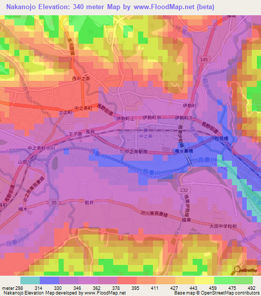 Nakanojo,Japan Elevation Map