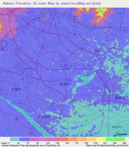 Nakano,Japan Elevation Map