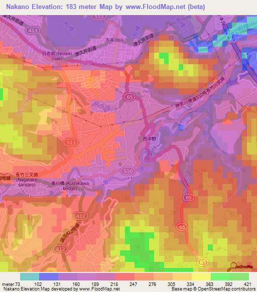 Nakano,Japan Elevation Map