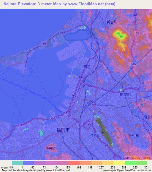Najima,Japan Elevation Map