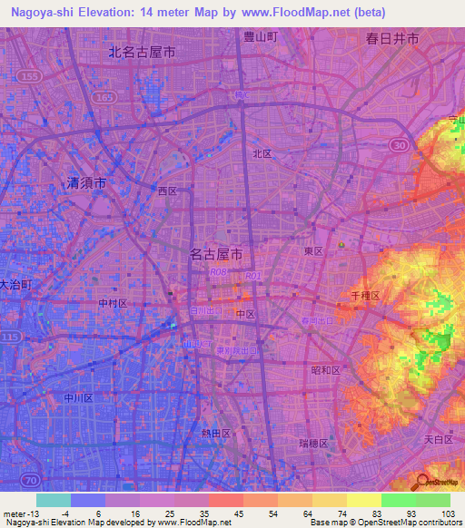Nagoya-shi,Japan Elevation Map