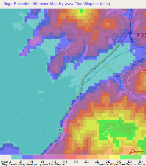 Nago,Japan Elevation Map