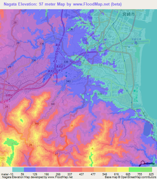 Nagata,Japan Elevation Map