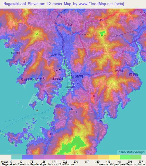 Nagasaki-shi,Japan Elevation Map