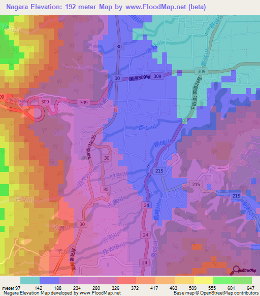 Nagara,Japan Elevation Map