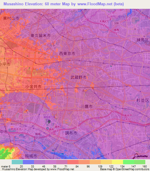 Musashino,Japan Elevation Map