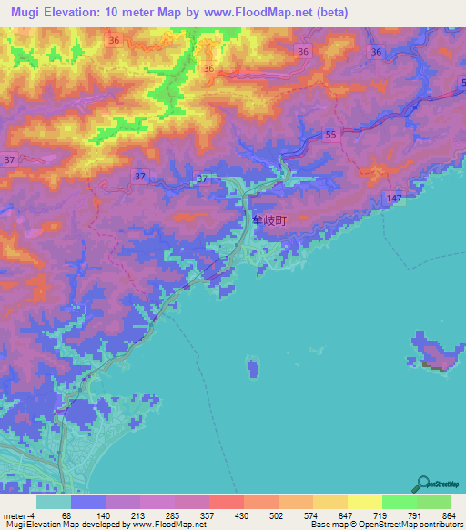 Mugi,Japan Elevation Map