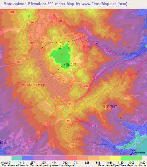 Moto-hakone,Japan Elevation Map