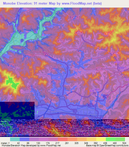 Monobe,Japan Elevation Map