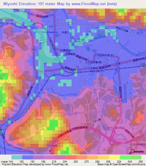 Miyoshi,Japan Elevation Map
