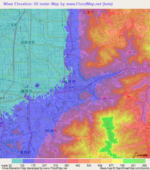 Miwa,Japan Elevation Map