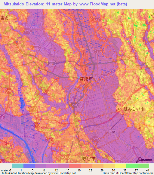 Mitsukaido,Japan Elevation Map
