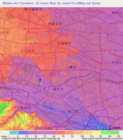 Mitaka-shi,Japan Elevation Map