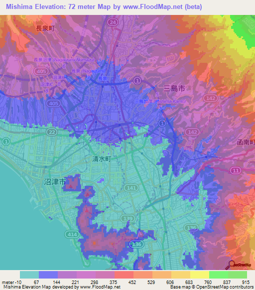 Mishima,Japan Elevation Map