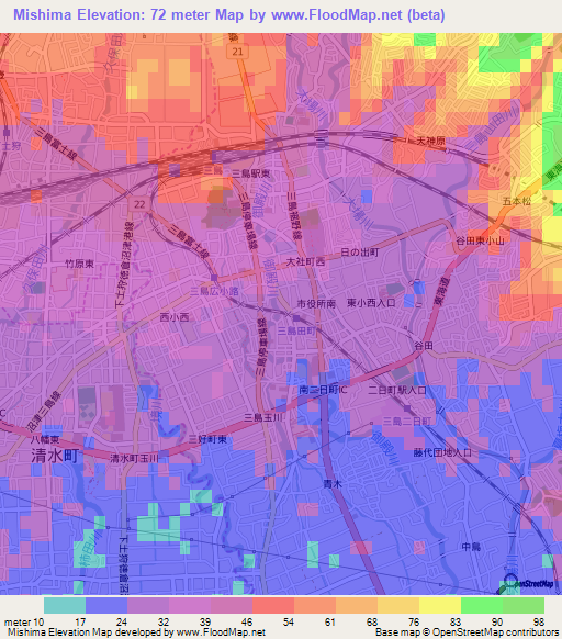 Mishima,Japan Elevation Map