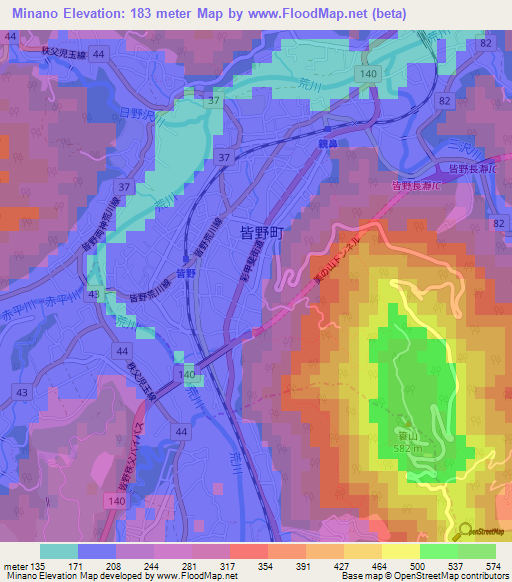 Minano,Japan Elevation Map