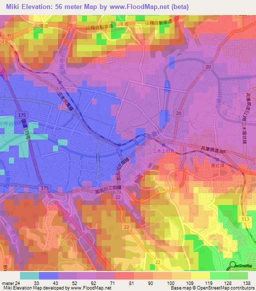 Miki,Japan Elevation Map