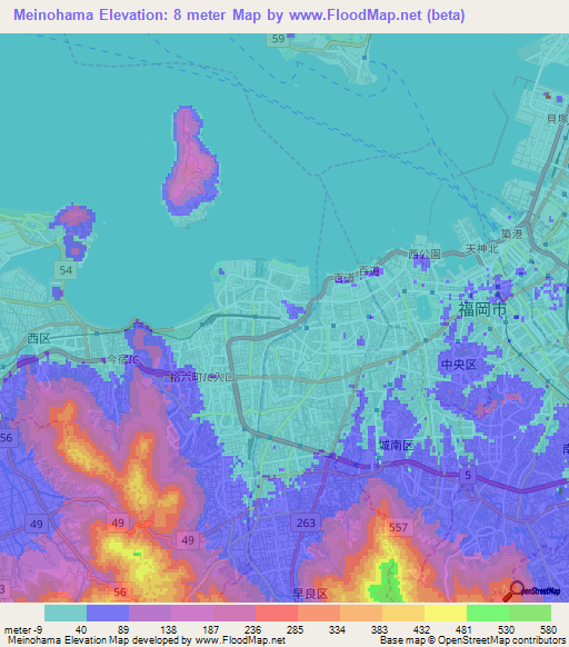 Meinohama,Japan Elevation Map