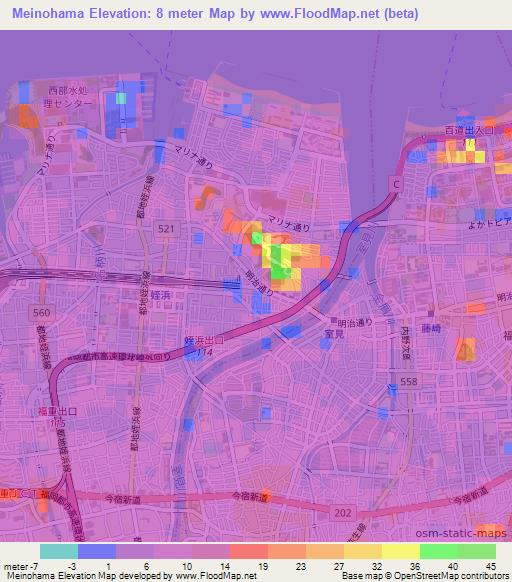 Meinohama,Japan Elevation Map