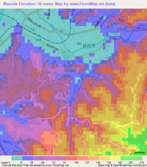 Masuda,Japan Elevation Map