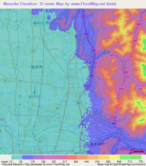 Maruoka,Japan Elevation Map