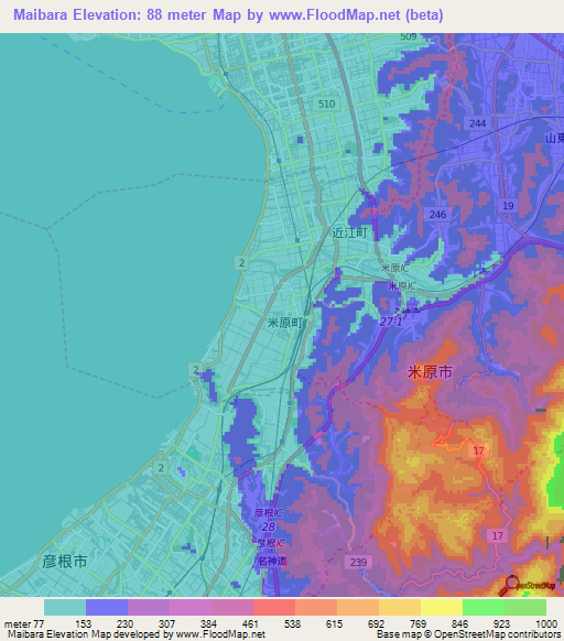Maibara,Japan Elevation Map