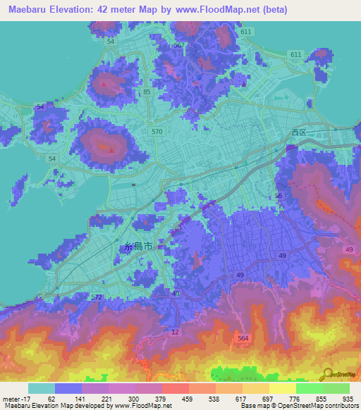 Maebaru,Japan Elevation Map