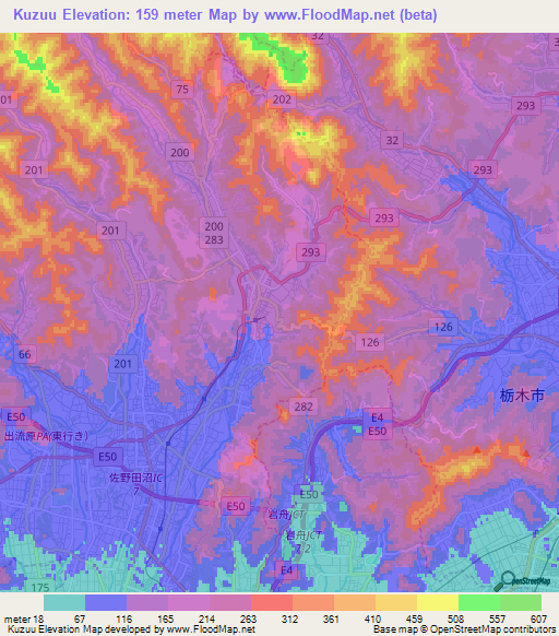 Kuzuu,Japan Elevation Map
