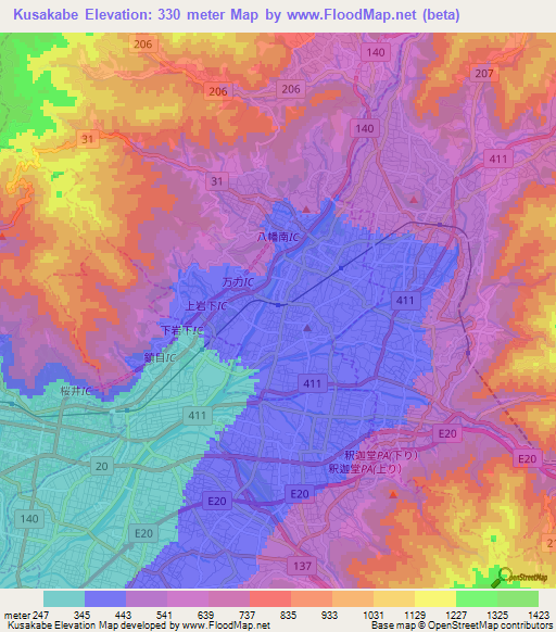 Kusakabe,Japan Elevation Map