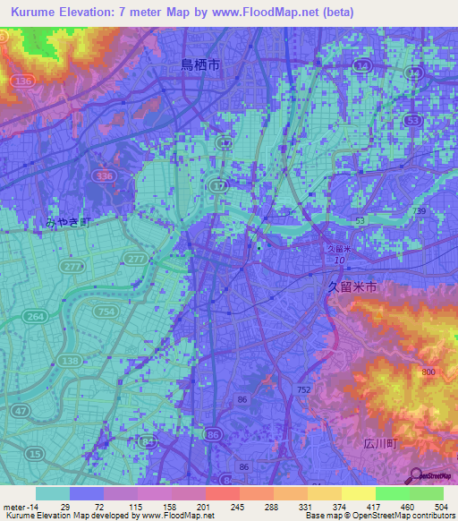 Kurume,Japan Elevation Map