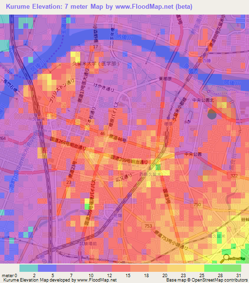 Kurume,Japan Elevation Map