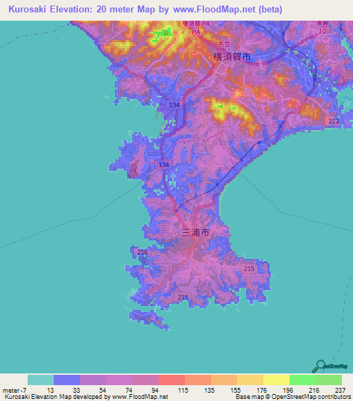 Kurosaki,Japan Elevation Map